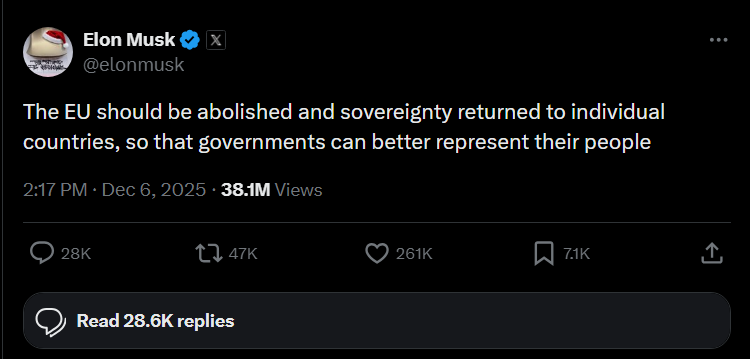 بسبب غرامة على "إكس": إيلون ماسك يرغب في تفكيك الاتحاد الأوروبي 4 Screenshot 2025 12 08 174555