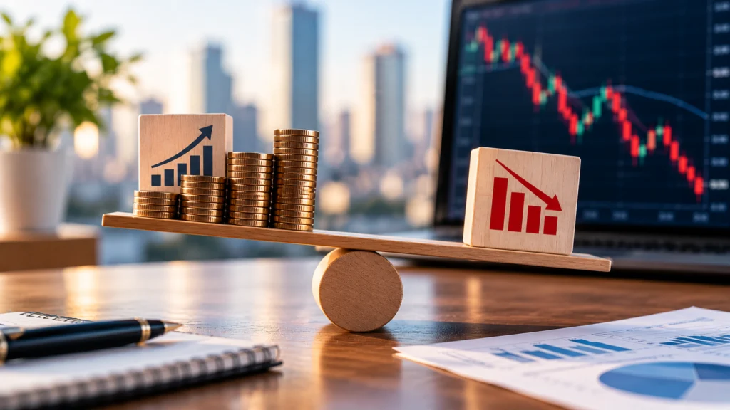 الشركة تحقق أرباحًا لكن سهمها يهبط! كيف يحدث ذلك؟ 4 ميزان خشبي يحمل عملات معدنية ورسمًا بيانيًا صاعدًا في جهة، ورسمًا بيانيًا هابطًا في الجهة الأخرى، في إشارة إلى اختلاف أداء الشركات عن حركة أسهمها