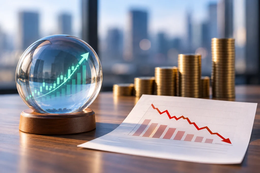 الشركة تحقق أرباحًا لكن سهمها يهبط! كيف يحدث ذلك؟ 3 كرة زجاجية تعرض رسمًا بيانيًا صاعدًا بجانب تقرير مالي يتضمن رسمًا بيانيًا هابطًا، في إشارة إلى اختلاف التوقعات عن النتائج الفعلية